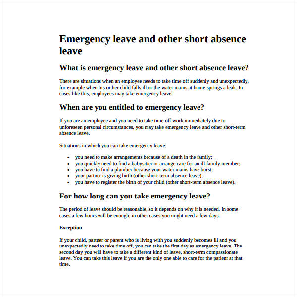 15+ Emergency Leave Letter Templates PDF