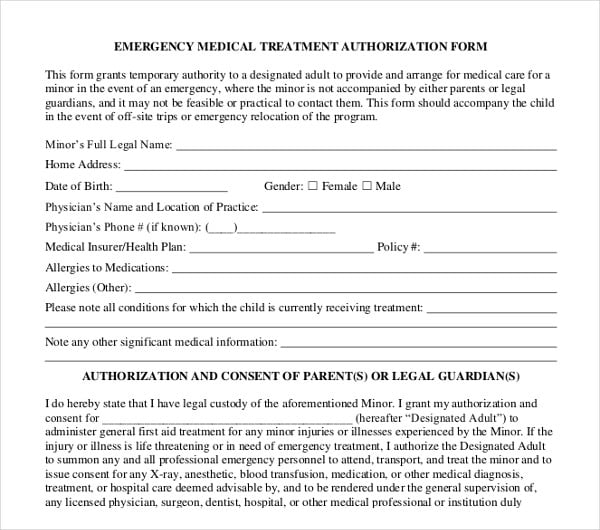 emergency medical treatment authorization form