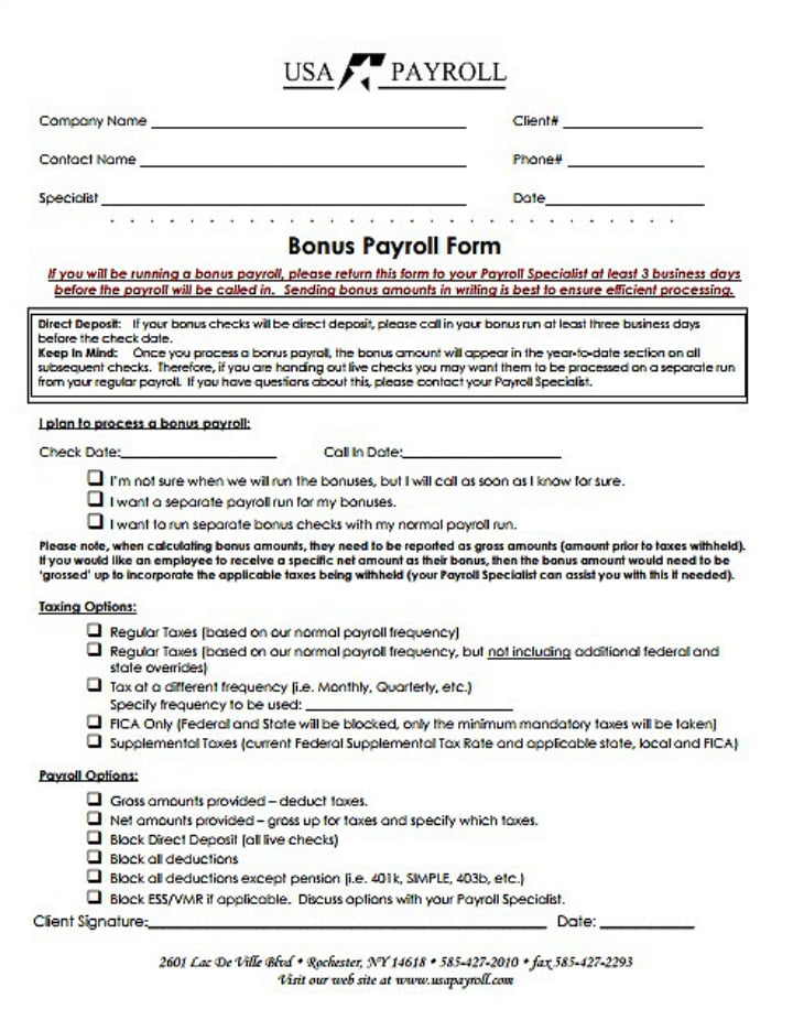 employee bonus payroll form template