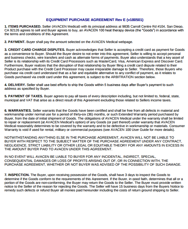 equipment purchase agreement example