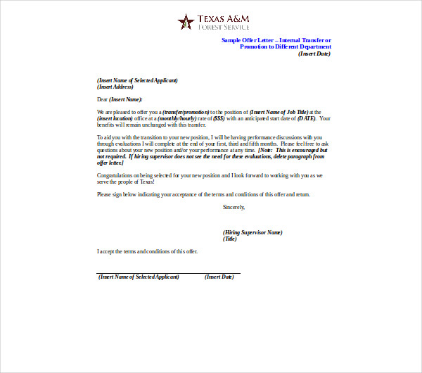 finance internal transfer letter