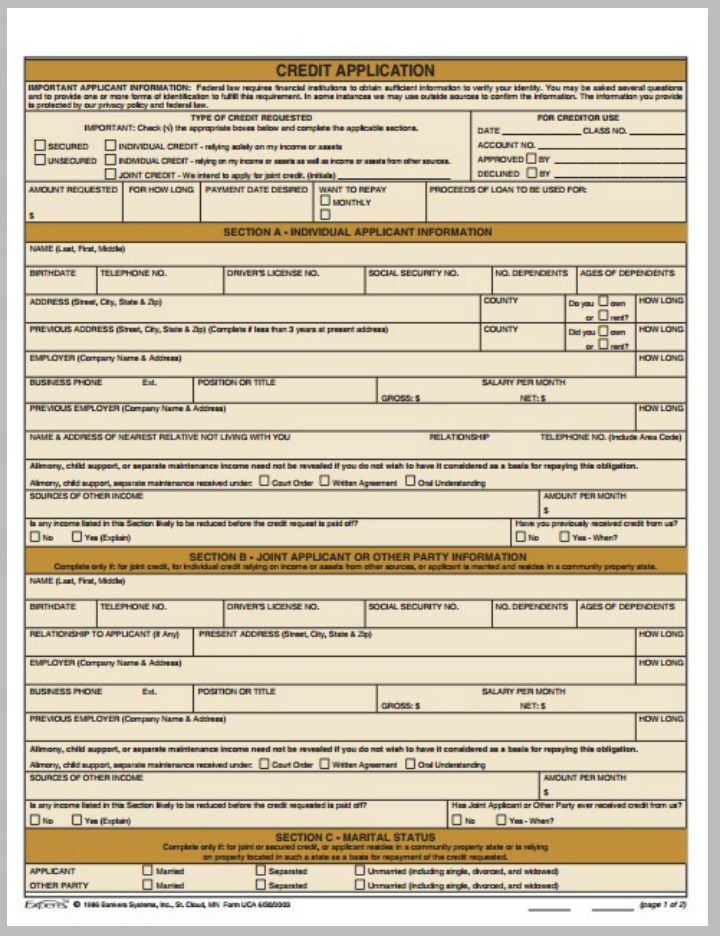 formal credit application form template