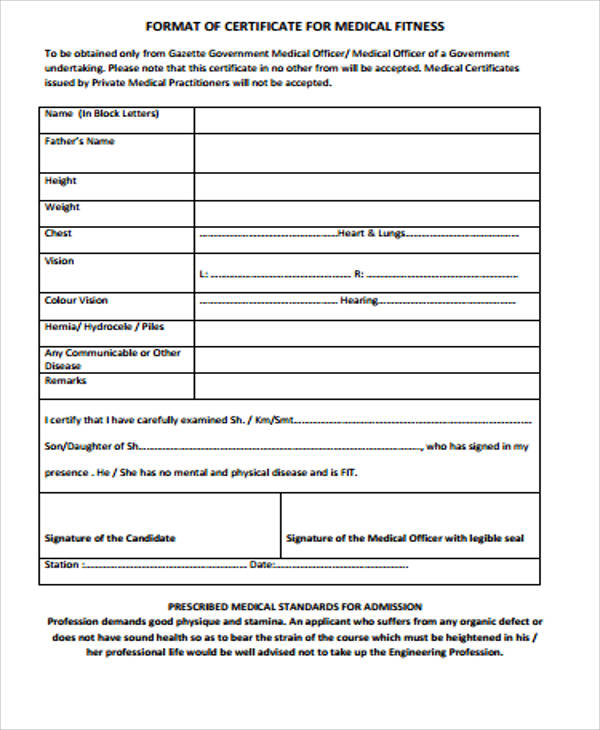 format of medical fitness certificate