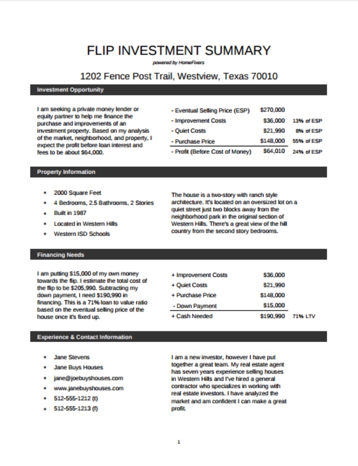 formatted investment free summary template