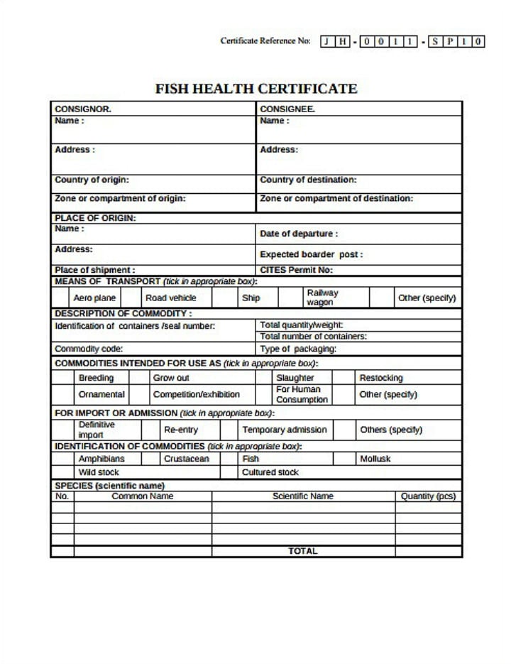 free fish health certificate template1