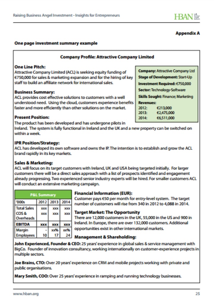 free one page investment summary template