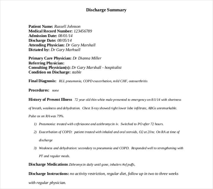general format discharge free summary template