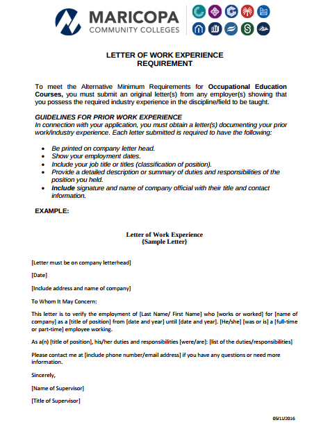 letter of work experience requirement