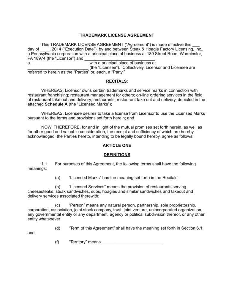 23+ Trademark License Agreement Templates for Restaurant, Cafe With Regard To free trademark license agreement template