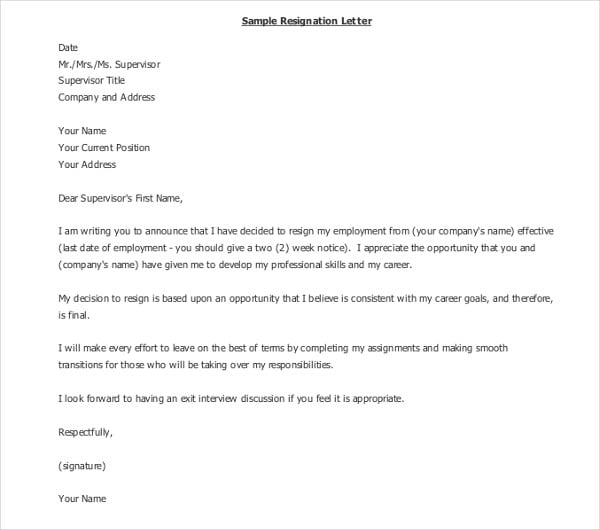 new job resignation letter format