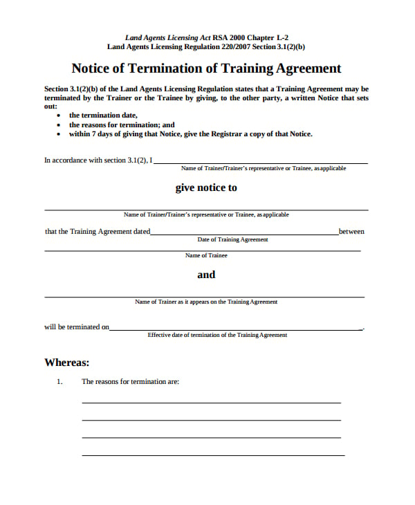 notice of termination of training agreement