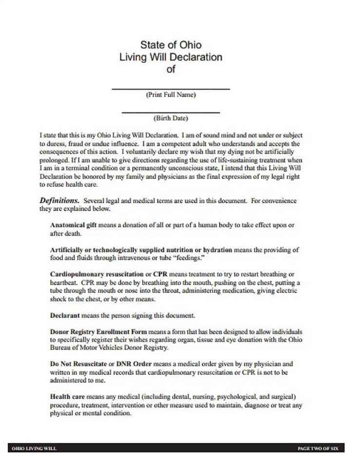 ohio living will declaration template