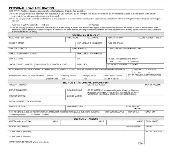 personal loan application template