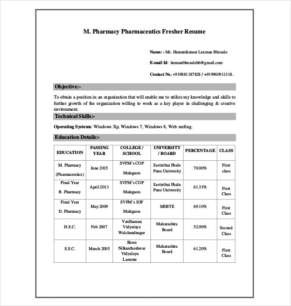 pharmacy pharmaceutics fresher resume