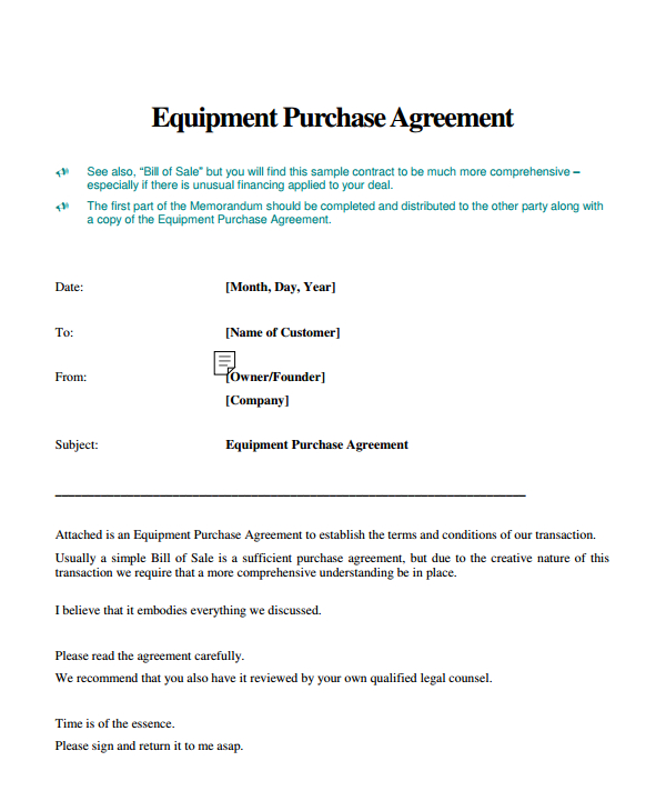 equipment purchase agreement template