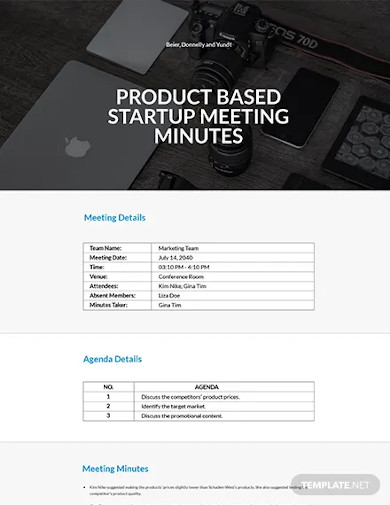 product based startup meeting minutes template