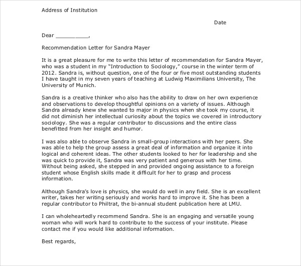 Sample Letter Of Recommendation For High School Art Student