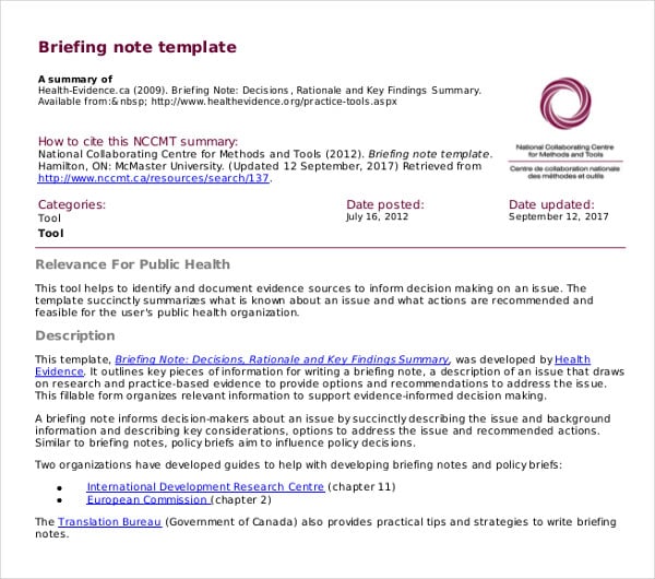 relevance for public health briefing note template