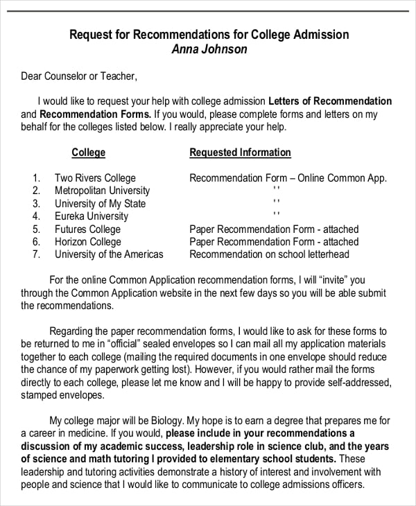 request letter for college admission
