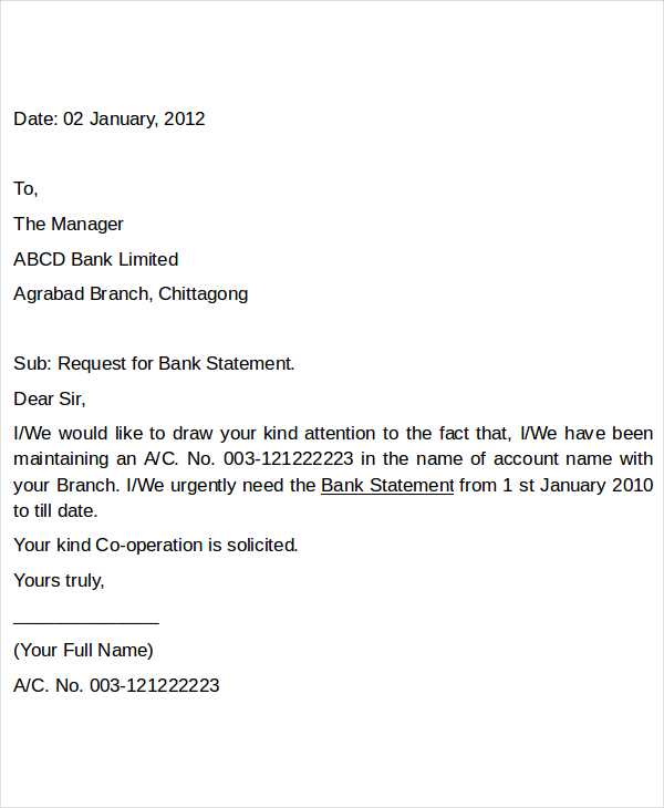 sample application letter for bank statement