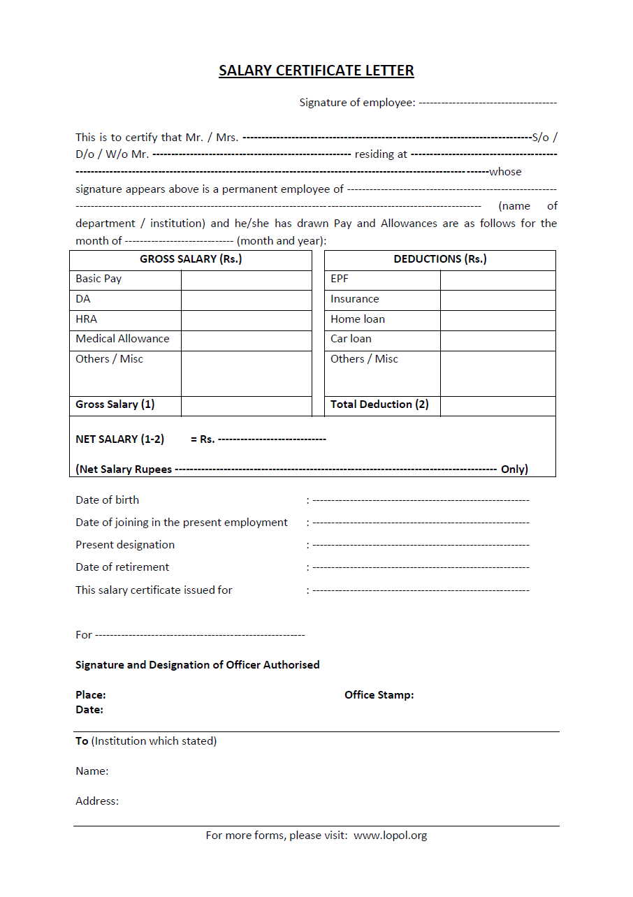 salary certificate letter template