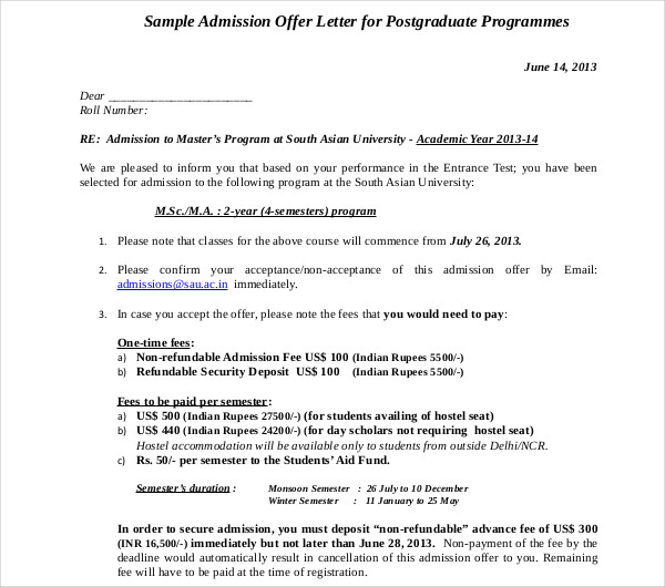 sample admission offer letter for post graduates