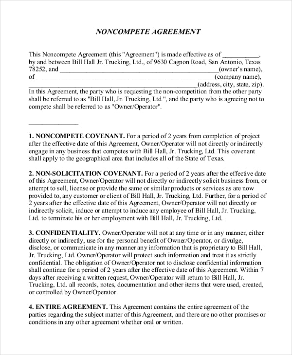 sample business non compete agreement