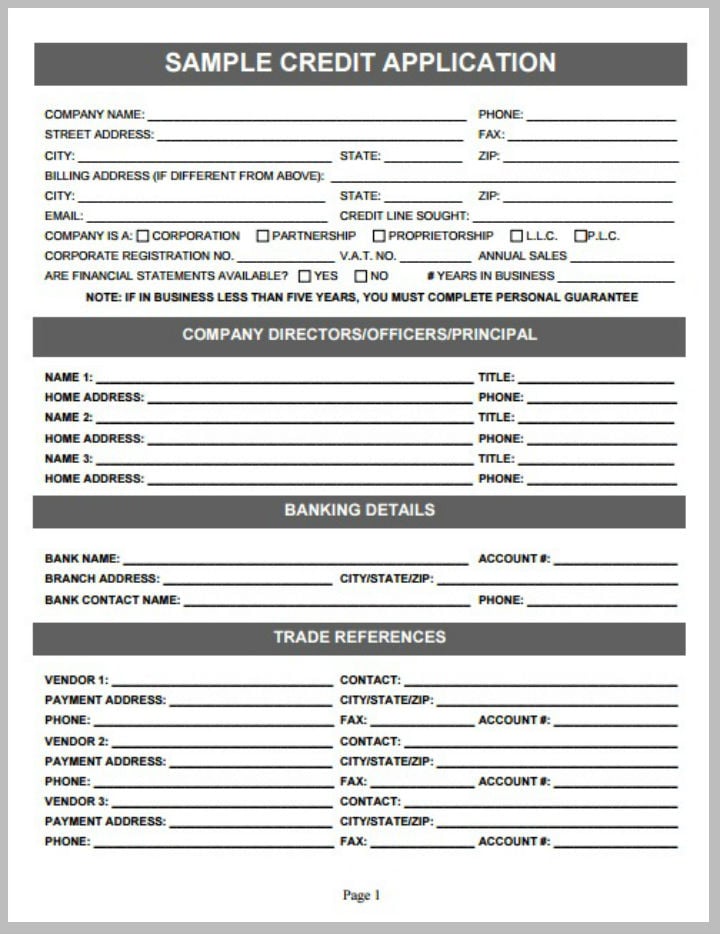 sample credit application form template