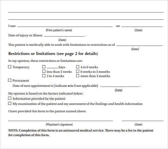 sample doctor note ability to work template