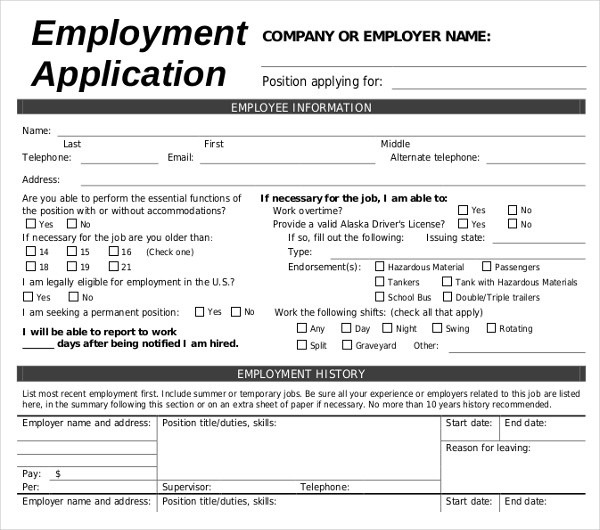 sample employee job application letter