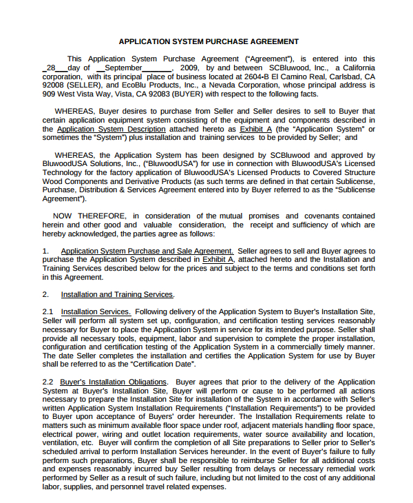 sample equipment purchase agreement