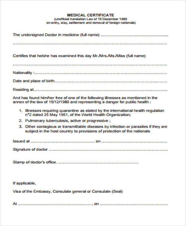 Medical Certificate Sample Letter   Sample Form Of Medical Certificate 