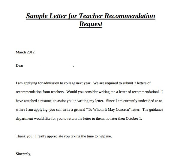 sample letter for teacher reference