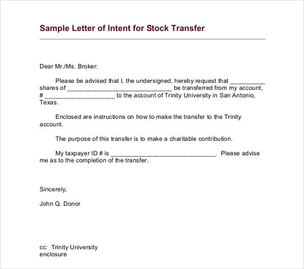 sample letter of intent for stock transfer