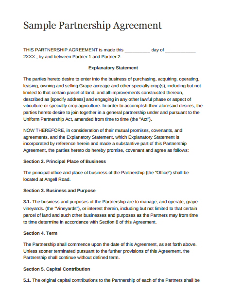 sample partnership agreement form