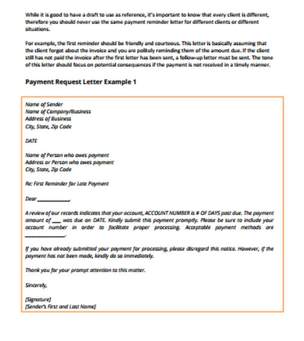 sample payment request letter