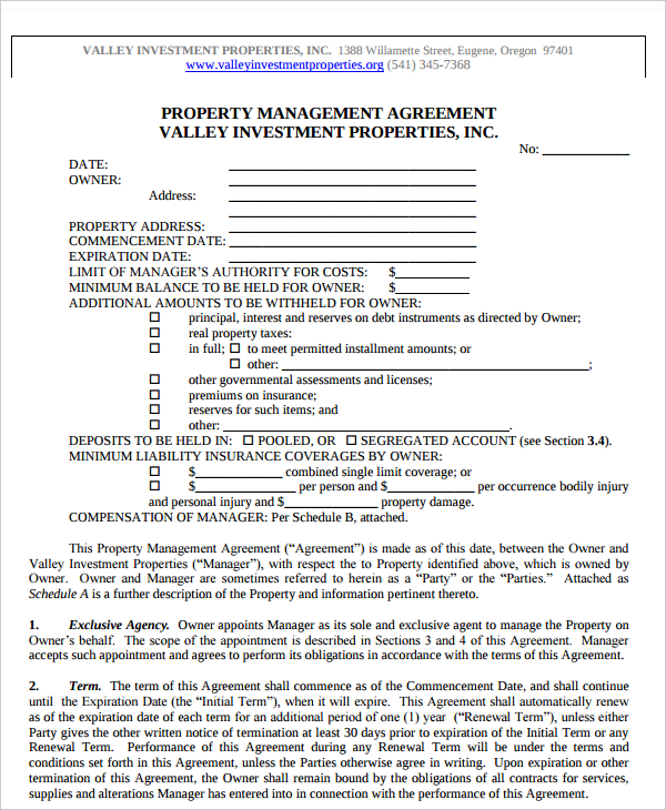 Property Management Contract Template Free Printable Templates