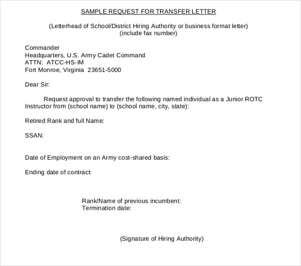 sample request for transfer letter