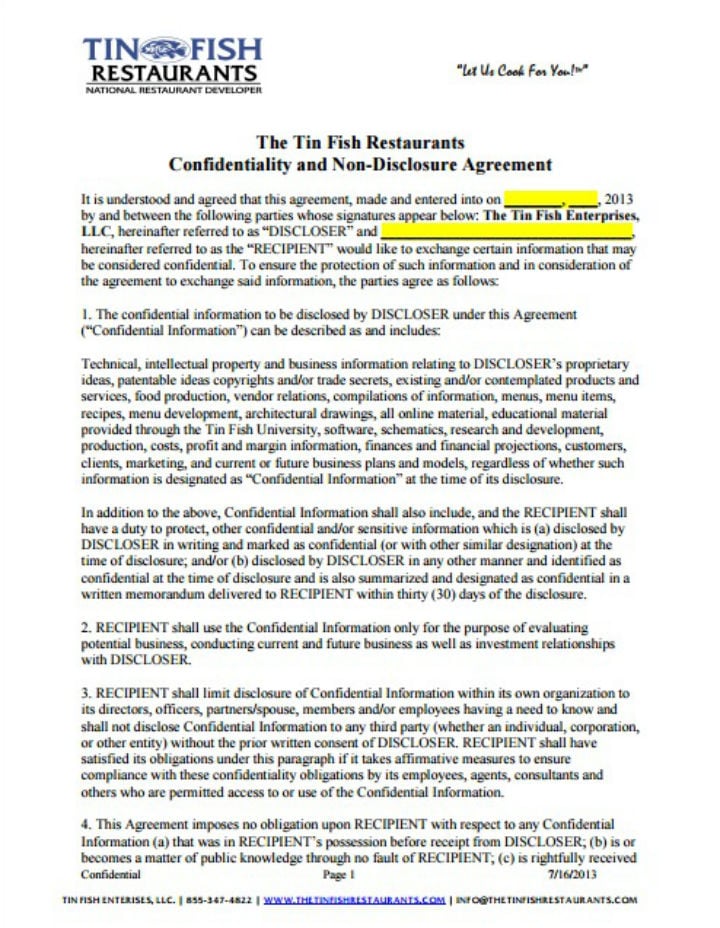 seafood restaurant confidentiality and non disclosure agreement template