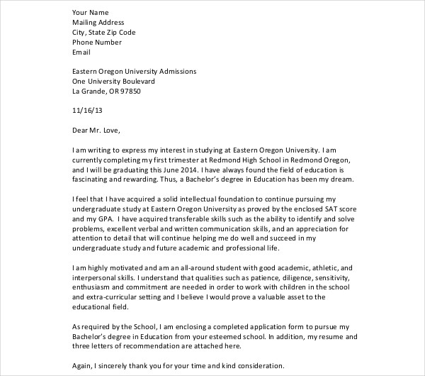 Reference Letter For High School Admission