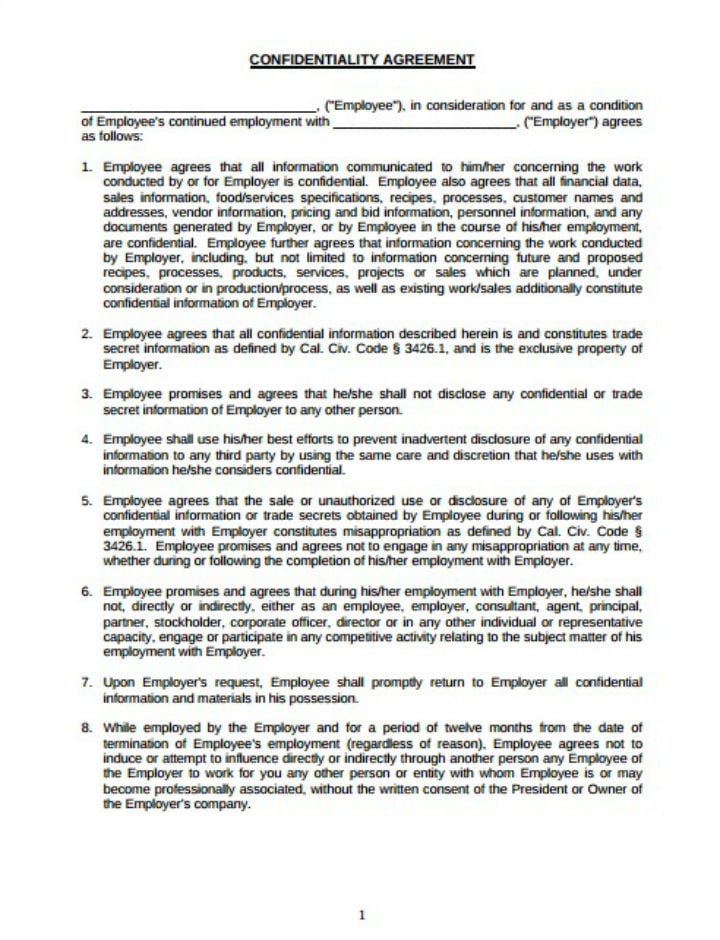 simple restaurant confidentiality agreement with non disclosure clause template