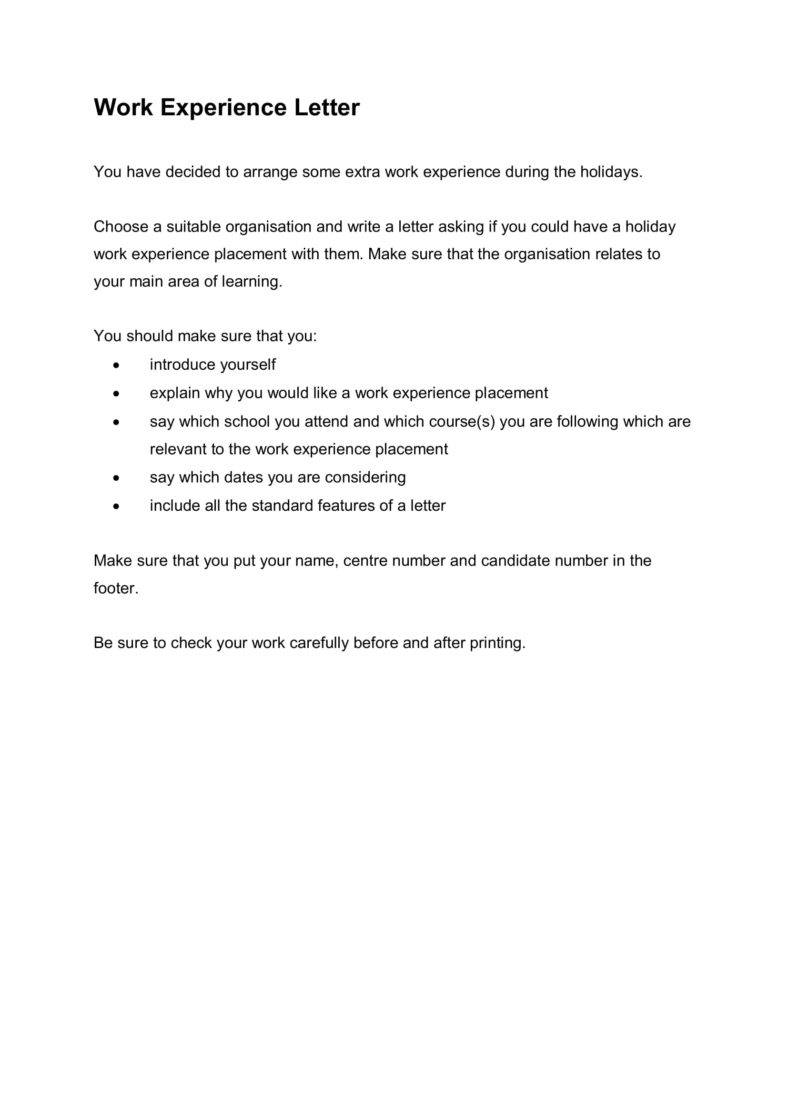 examples of work experience application letters