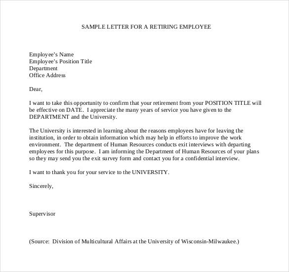 staff acceptance retirement letter