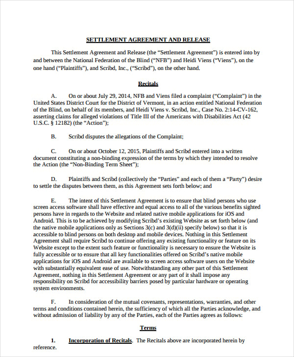 standard settlement agreement and release