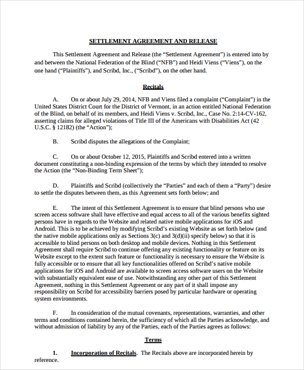 Settlement And Release Agreement Template