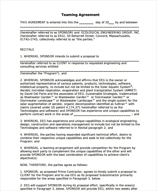 Contractor Teaming Agreement Template