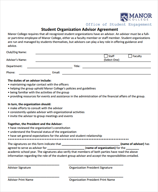 student organization advisor agreement