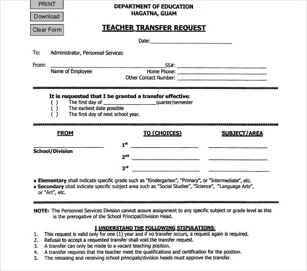 teacher transfer request letter