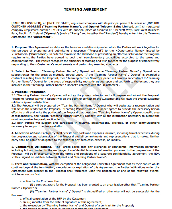 8  Teaming Agreement Templates PDF Word