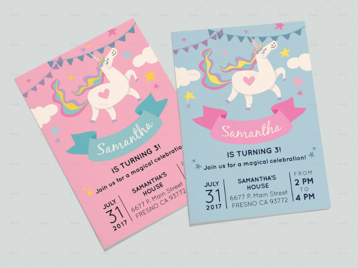 unicorn girly birthday invitation card template